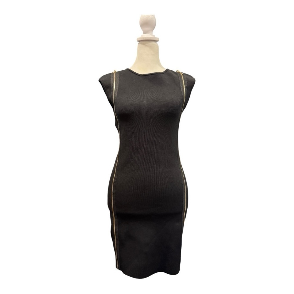Bebe Black Bandage Dress with Silver Zippers Cold Shoulder Convertible Bodycon